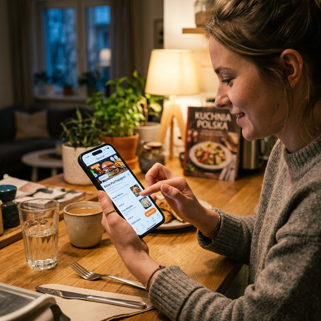 Woman using smartphone to browse food delivery app at wooden table